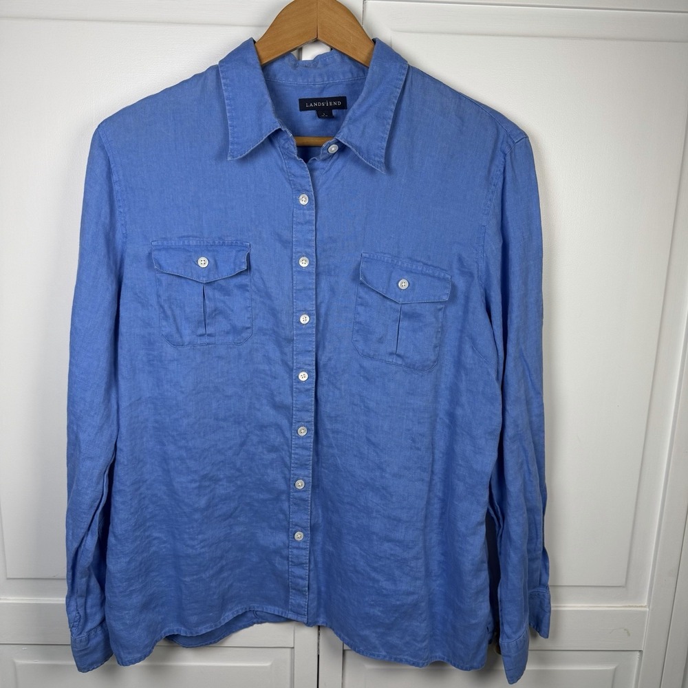 Lands End Shirt Women's Large Button Down Linen Blue Roll Tab Sleeve Top